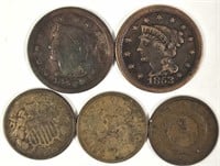 2 Large Cents & 3 Two Cent U.S. Coins