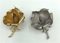 2 Signed JP Gold & Silver Tone 2" Rose Brooches