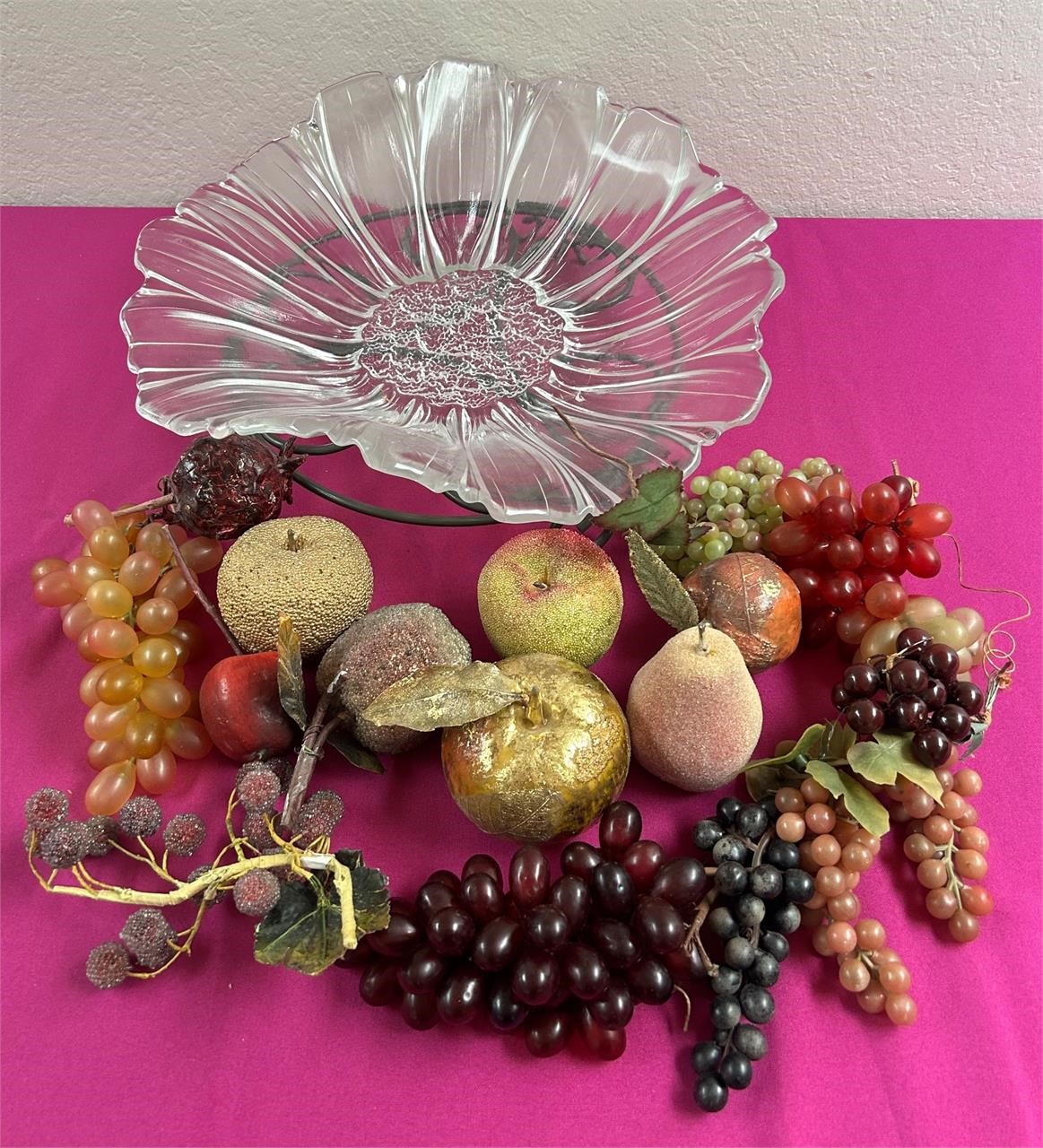 Mikasa Glass Floral Fruit Bowl w Artificial Fruit