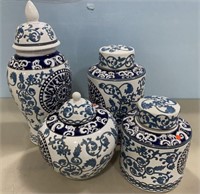 Four Piece Blue and White Oriental Pottery