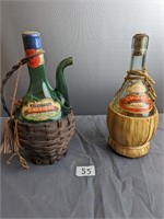 2 vintage wine bottles with wicker & rattan bottom