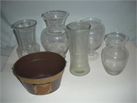Glass Vases & Bucket Planter 1 Lot