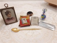 Misc. box lot w. Lady's picture, spoon, etc.