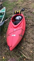 8 foot red Emotion kayak w/ roof rack and cart