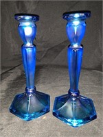 8.5 “ PAIR OF VINTAGE BLUE GLASS CANDLESTICKS W/