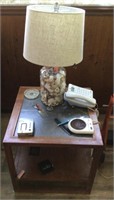 End table, lamp, and contents