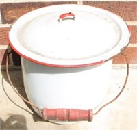 Red rim enamel lidded bucket, 9 x 8.5