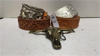 2 leather belts w/buckles & a spare buckle