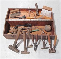 Vintage Wood Tool Box & Assorted Hand Tools