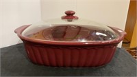 13 x 9“ burgundy ceramic casserole dish with a