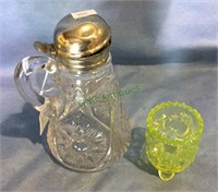 Pressed glass syrup dispenser, lime green glass