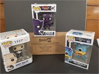 3 Assorted Funko Pops and a Rock Jam Mike Stand