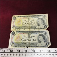 Pair Of 1973 Canada $1 Banknote Paper Money Bills
