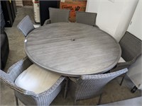 HAMPTON BAY ROUND OUTDOOR TABLE AND 6 RESIN CHAIRS