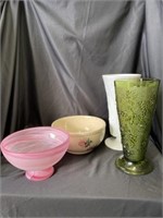 Milk Glass Vase, Green Pressed Glass Vase, Swirl