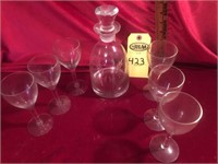 Etched Glass Decanter & 6 Glasses
