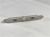 14K White Gold Bar Pin w/ Sapphires & Diamond