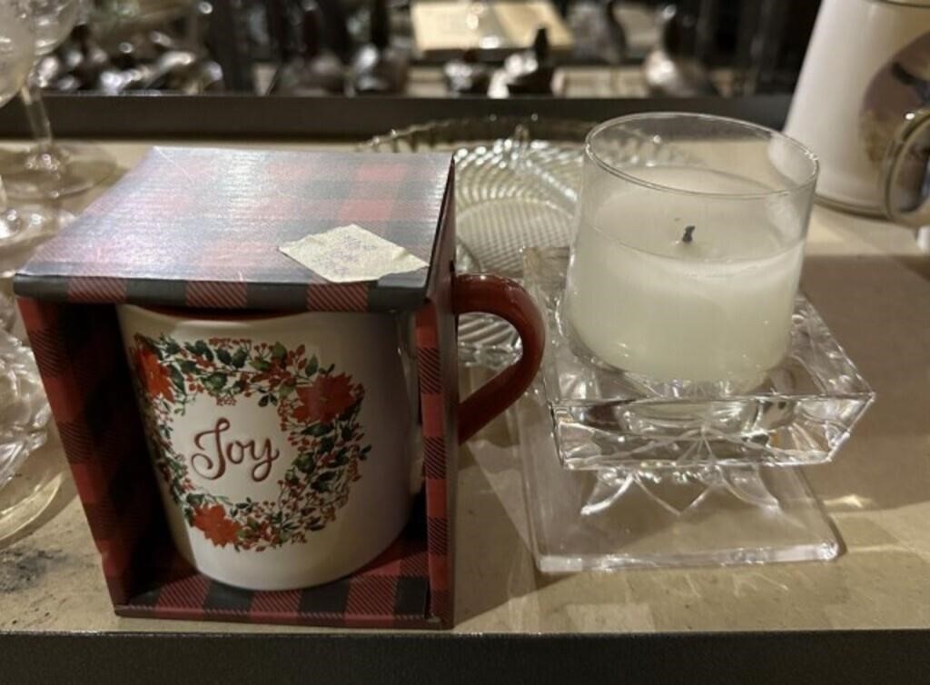Glass Plate, candle Holder, and Joy Mug