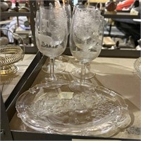 Etched Animal Stemware and Embossed Glass Tray