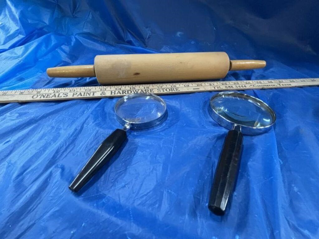 Wooden Rolling Pin & 2 Vtg Magnifying Glasses