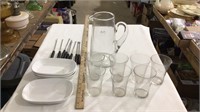 Glass dishes, glass cups, large glass pitcher