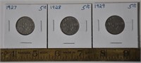 1927, 1928, 1929, Canada 5 cent coins
