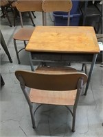 Old wood and Metal School Desk and 3 Chairs
