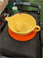 Bauer Pitcher Bowl & 2 Orange Plates