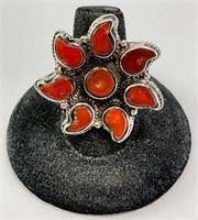 Large Sterling Coral Statement Ring 13 Gram S-9-11