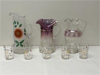 3 Hand Painted Water Pitchers & 4 Glasses