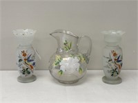 Bristol Glass Vases & Hand Painted Water Pitcher