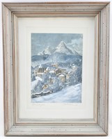 Berchtesgaden Winter Watercolor Over Litho
