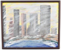 Abstract Hazy Cityscape on Water Original Painting