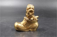 BRASS FIGURINE OF DOG IN A BOOT