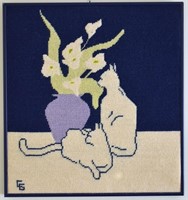 Vintage Cross Stitch Art Cats w/ Lily Flowers