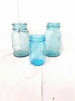 Ball Mason jars. Blue\ green and blue colored. 7"