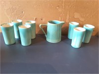 Turquoise Teal Glossy Ceramic Pitcher & 7 Glasses