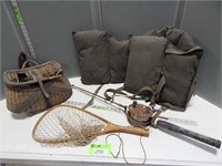 Antique fishing reel; life preserver; creel (damag