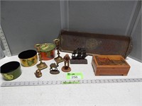 Metal tray; jewelry box; doorstop; candle holders;