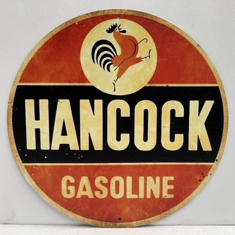 Reproduction Hancock Gasoline Metal Sign 8" Round