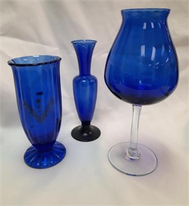 (3) Cobalt Blue Assorted Vases, 7-10"