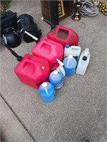 3 GAS CANS ,WINDSHIELD WASHER FLUID,OIL