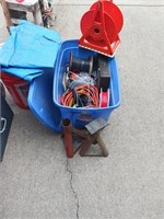 TOTE OF MISC WIRE,CORDS,JACK STANDS, CORD REEL
