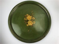 Vtg Hand Painted Green Metal Toleware Tray 18.5"