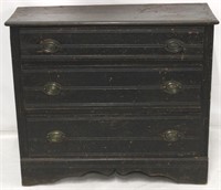 Primitive ca 1860 black pine 3 drawer chest