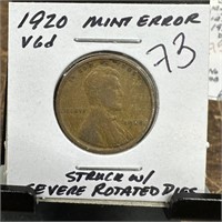 1920 WHEAT PENNY CENT SEVERE ROTATED DIES