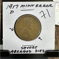 1917-D WHEAT PENNY CENT SEVERE ABRAIDED DIES