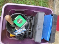 TOTE WITH DRILL BITS, GARDEN TOOLS, STAPLES AND