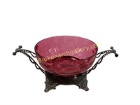 Victorian Cranberry Glass Bowl, Plated Stand