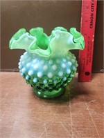 Fenton Green Opalescent Hobnail Vase w/Ruffled Top